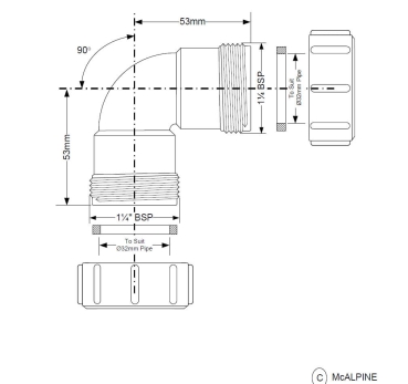 Preview: Fitting 90° Winkel Ø32 mm